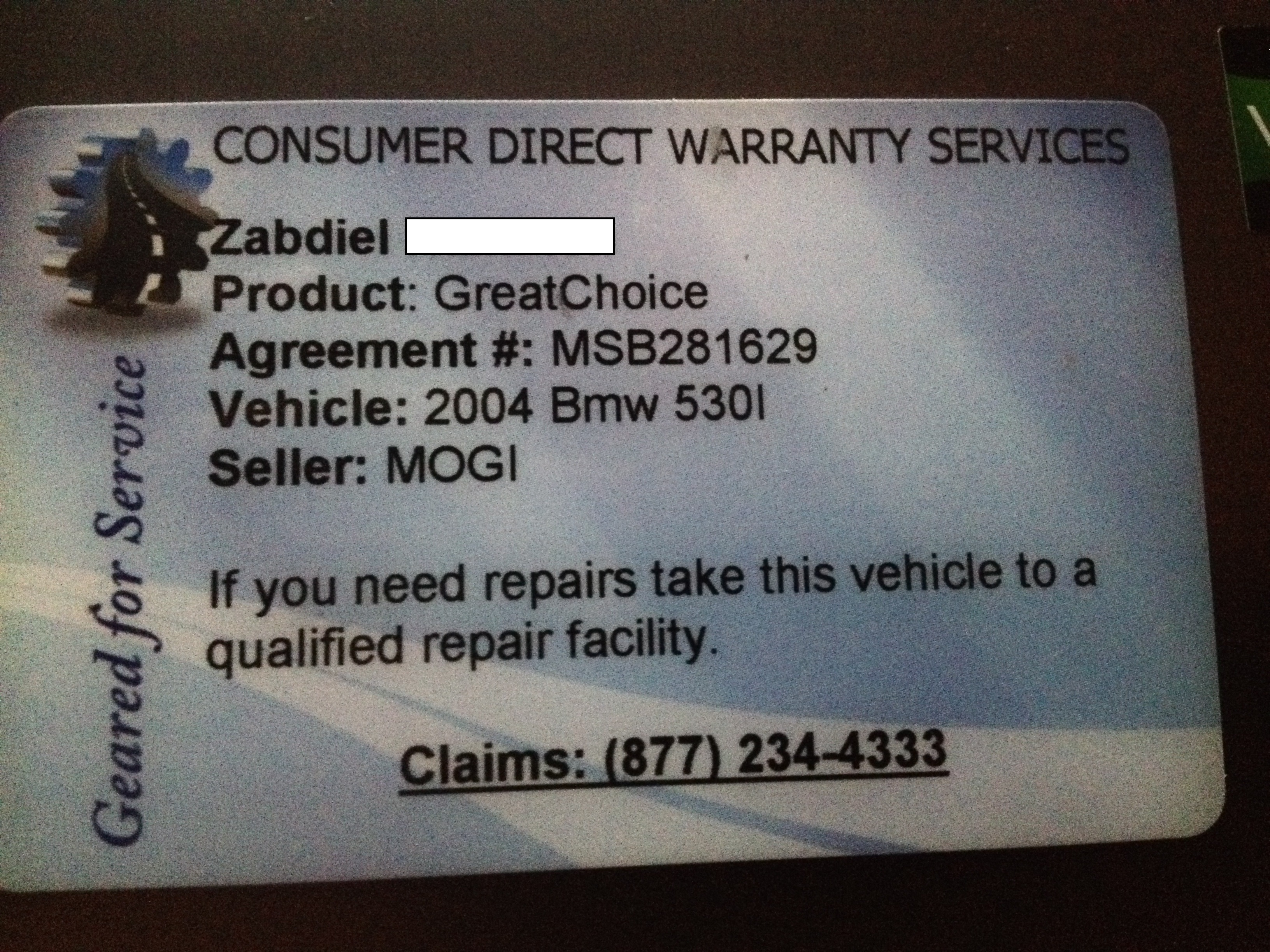 Warranty card sent to me along with contract