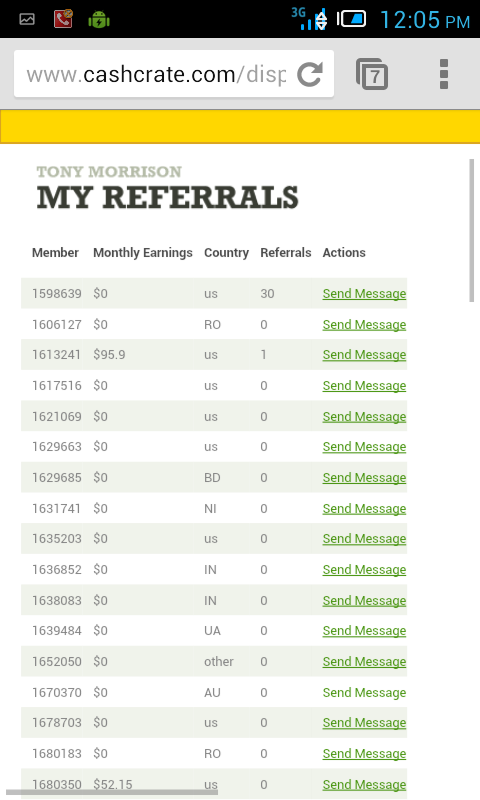 Screenshots showing my referrals making hundreds of dollars in one month then screenshot showing my 20% lol of $3.12