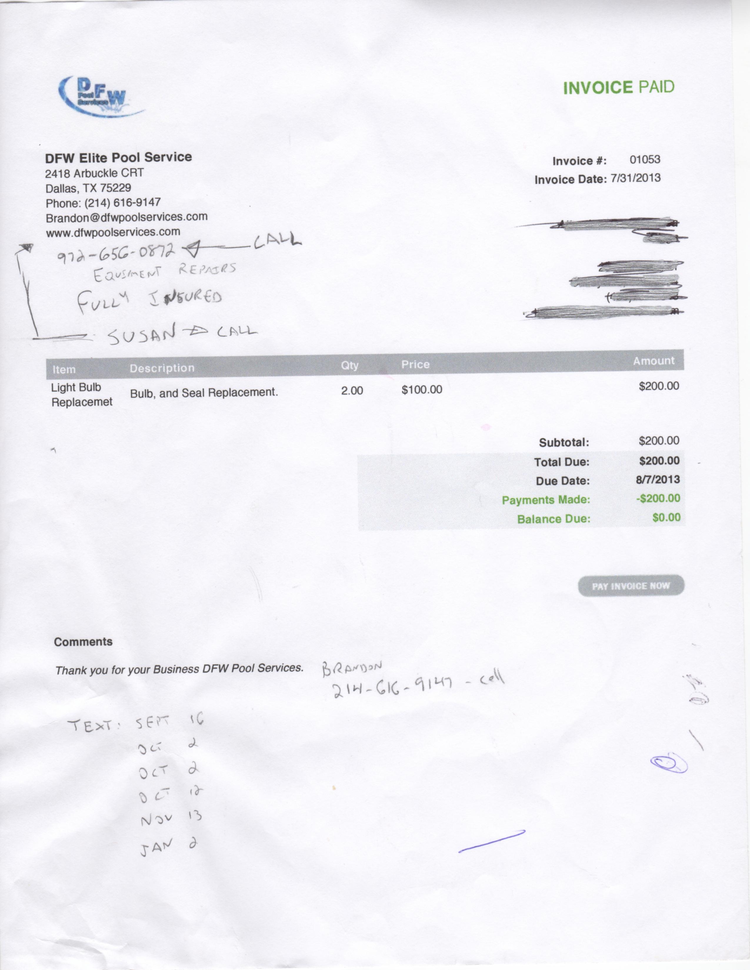 Invoice of Original work done...but it stopped working after just two weeks and Brandon never showed up to fix his terrible work.