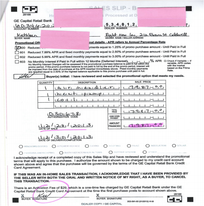 GE Capital document with pricing signed and dated on 12/28.  2 days prior to installation.