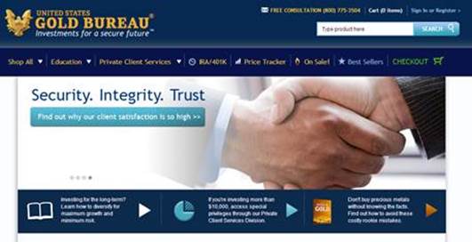 Screenshot of U.S. Gold Bureau’s homepage to ensure readers they are reading about the real United States Gold Bureau and not a fake / imitation company. 