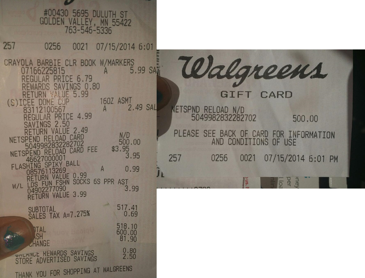 Walgreens Receipt for NetSpend Reload Card Purchase