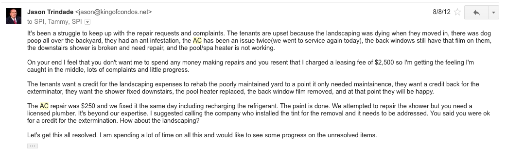 INITIAL COMPLAINTS FROM NEW TENANT