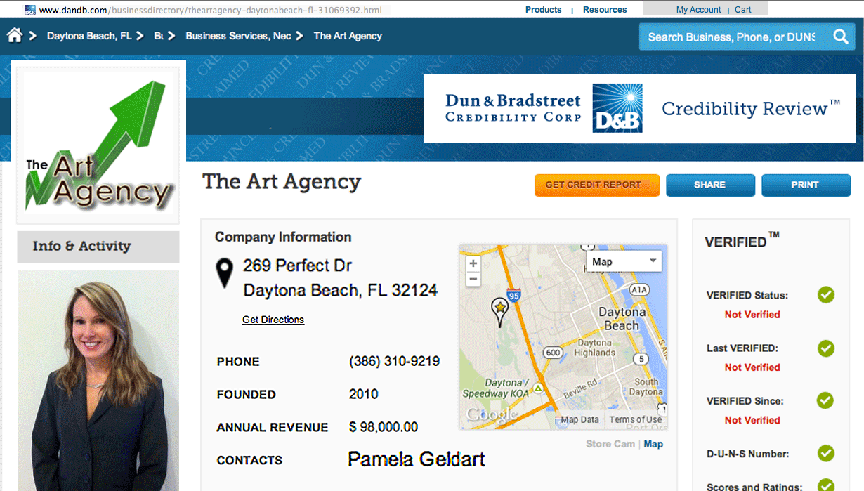 "Art Agency" registered in Daytona Beach, 2010 by Pamela Kerstin Bergendal Geldart claiming over $90,000 in untaxed revenue)