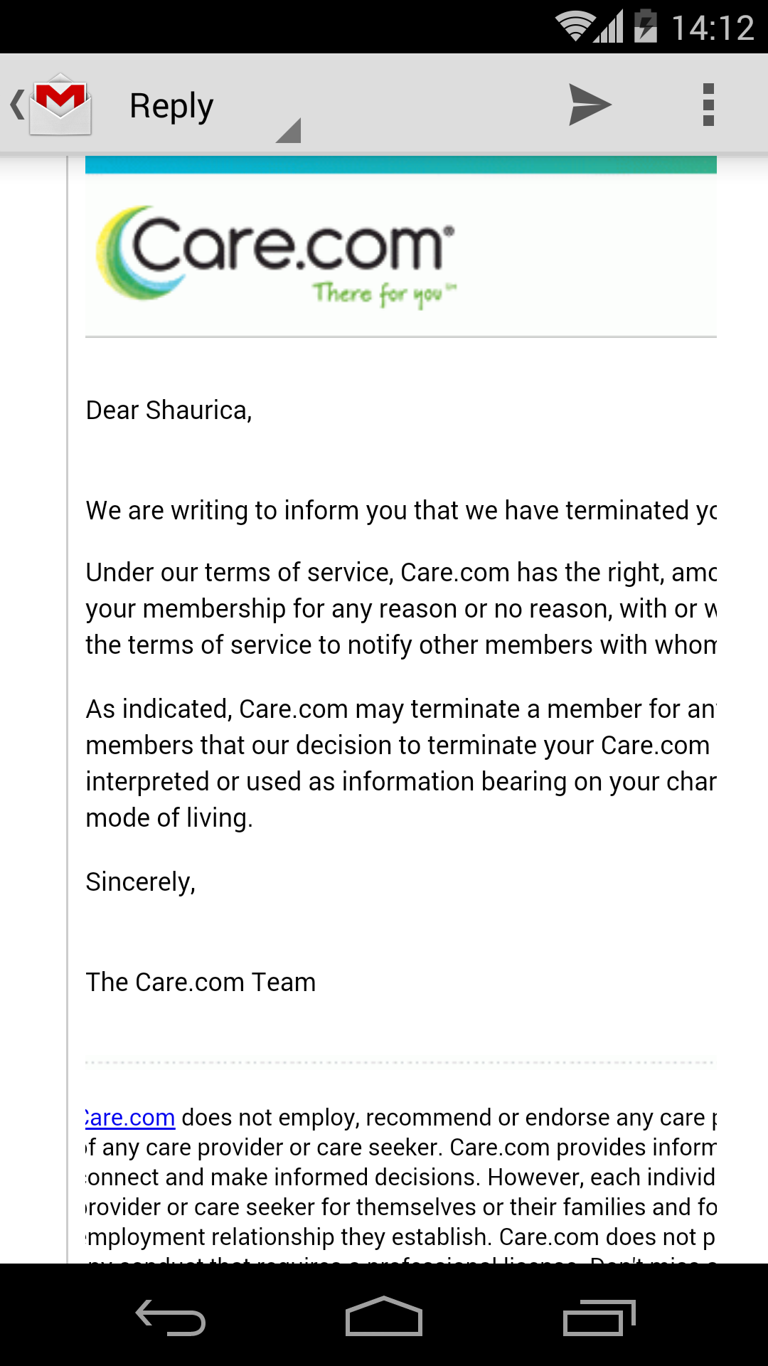 Screenshot of the email Care.com sent me. 