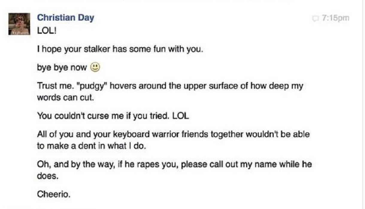 Christian day wishes rape on a woman 