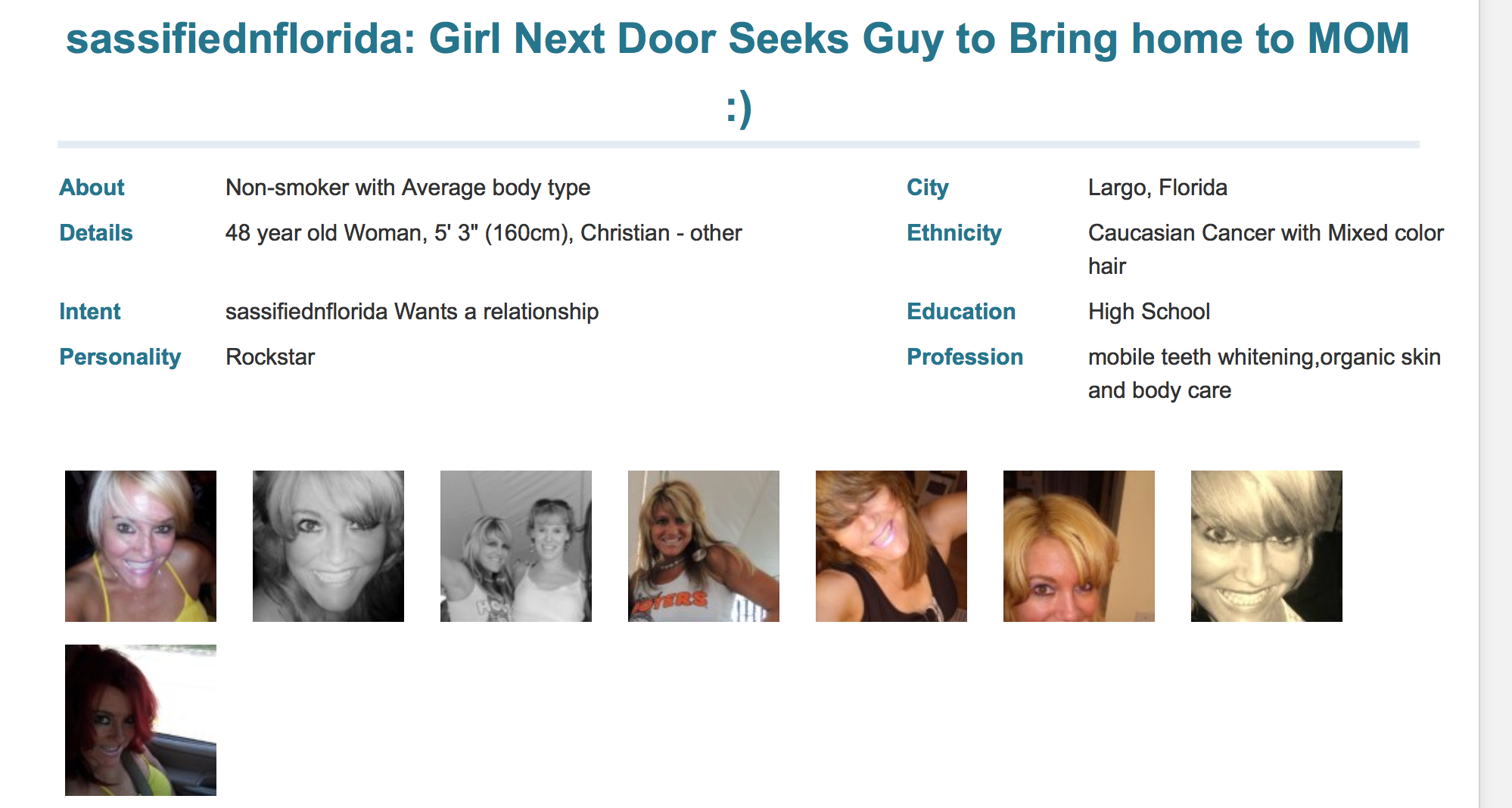 Here is her Plenty of Fish Account where she solicits men