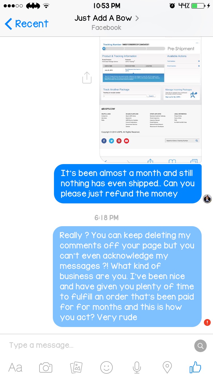 This was today when I asked her for a refund for the 2nd time after she sent me a usps "tracking number" which was just an "intent" to ship, she didn't actually ship anything 