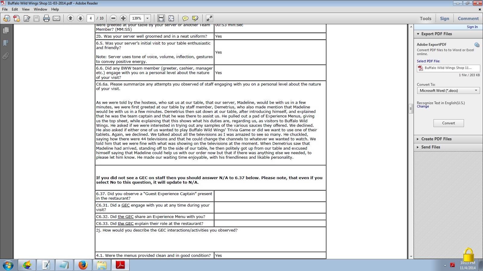 "Saved" adobe copy of my completed report before getting GFK evaluation email. Copy shows I answered correctly before my report was tampered with.