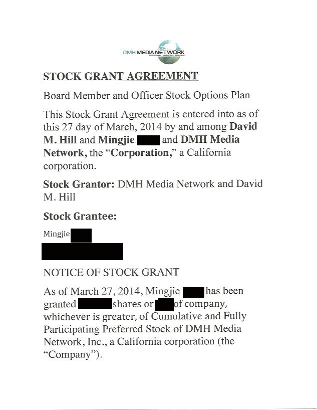 Stock grant agreement for DMH Media Network Company Shares. 