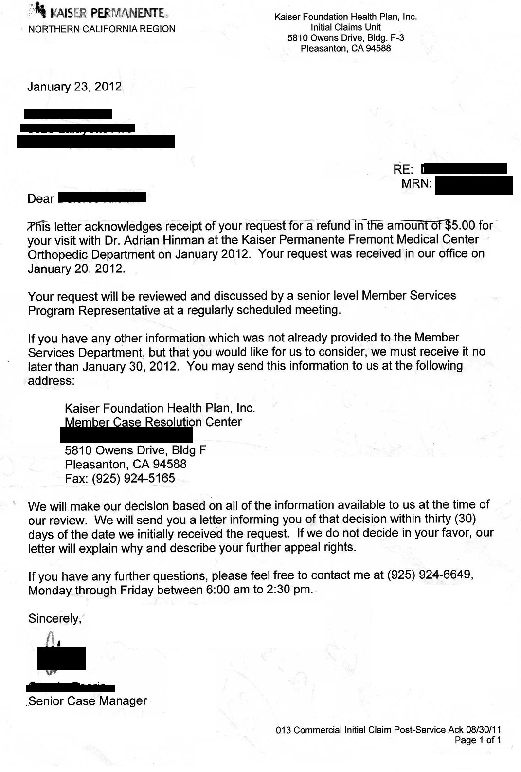 Letter from Membership Services January 23, 2012.