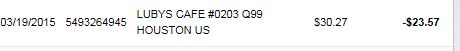 This is the transaction report from my bank card. Be advised this is a charge for 1chicken fried steak with 2 sides and a drink.