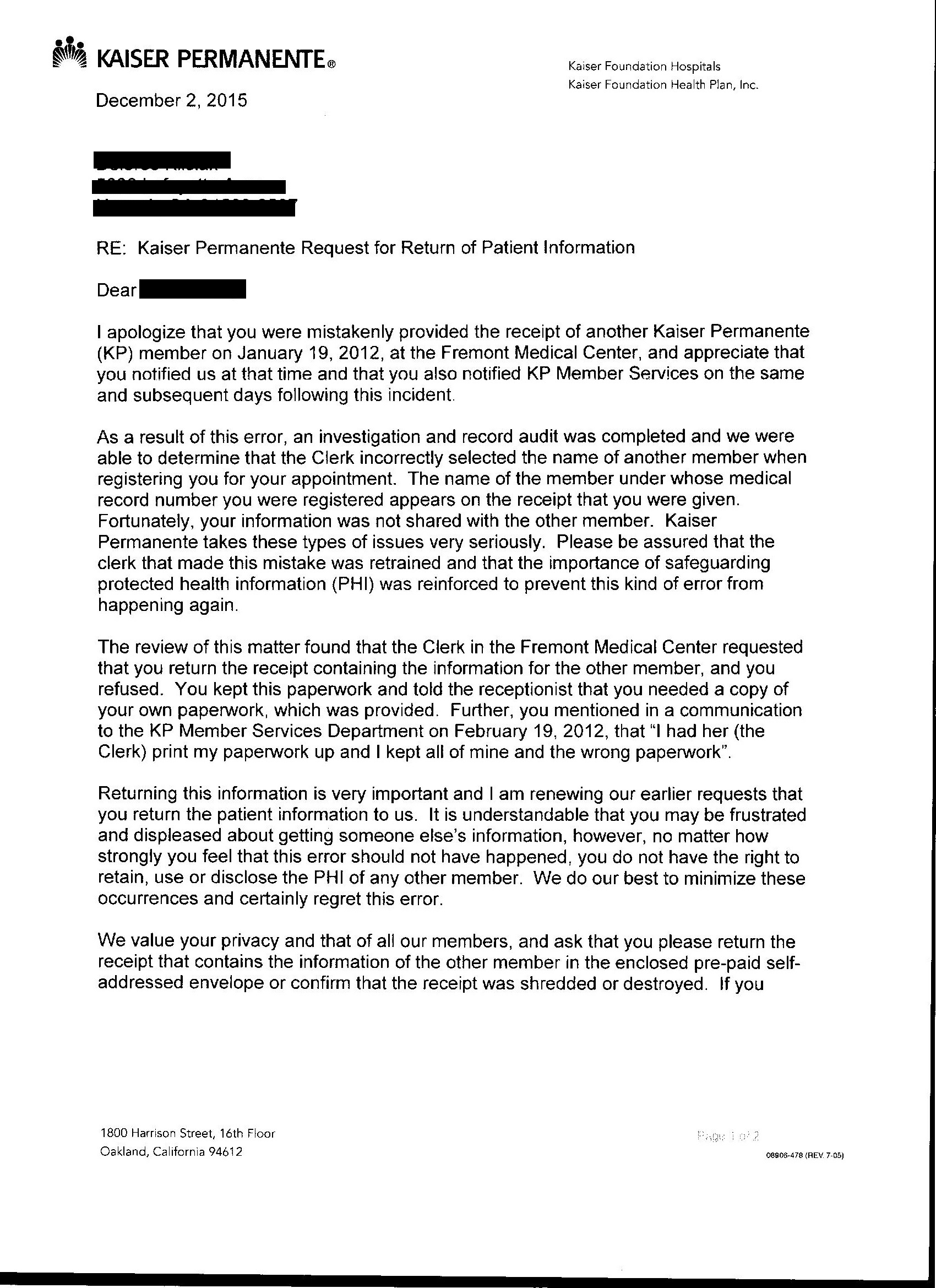 Letter from Kaiser Privacy Compliance Program Manager