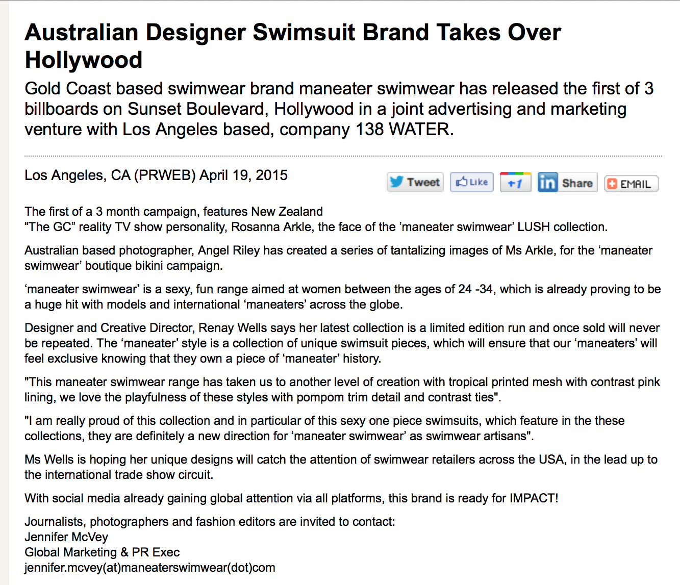 Renay Wells of Maneater Swimwear' Own Press Release about a billboard Campaign she never paid for, defaulting on contract and breaching business agreement. 