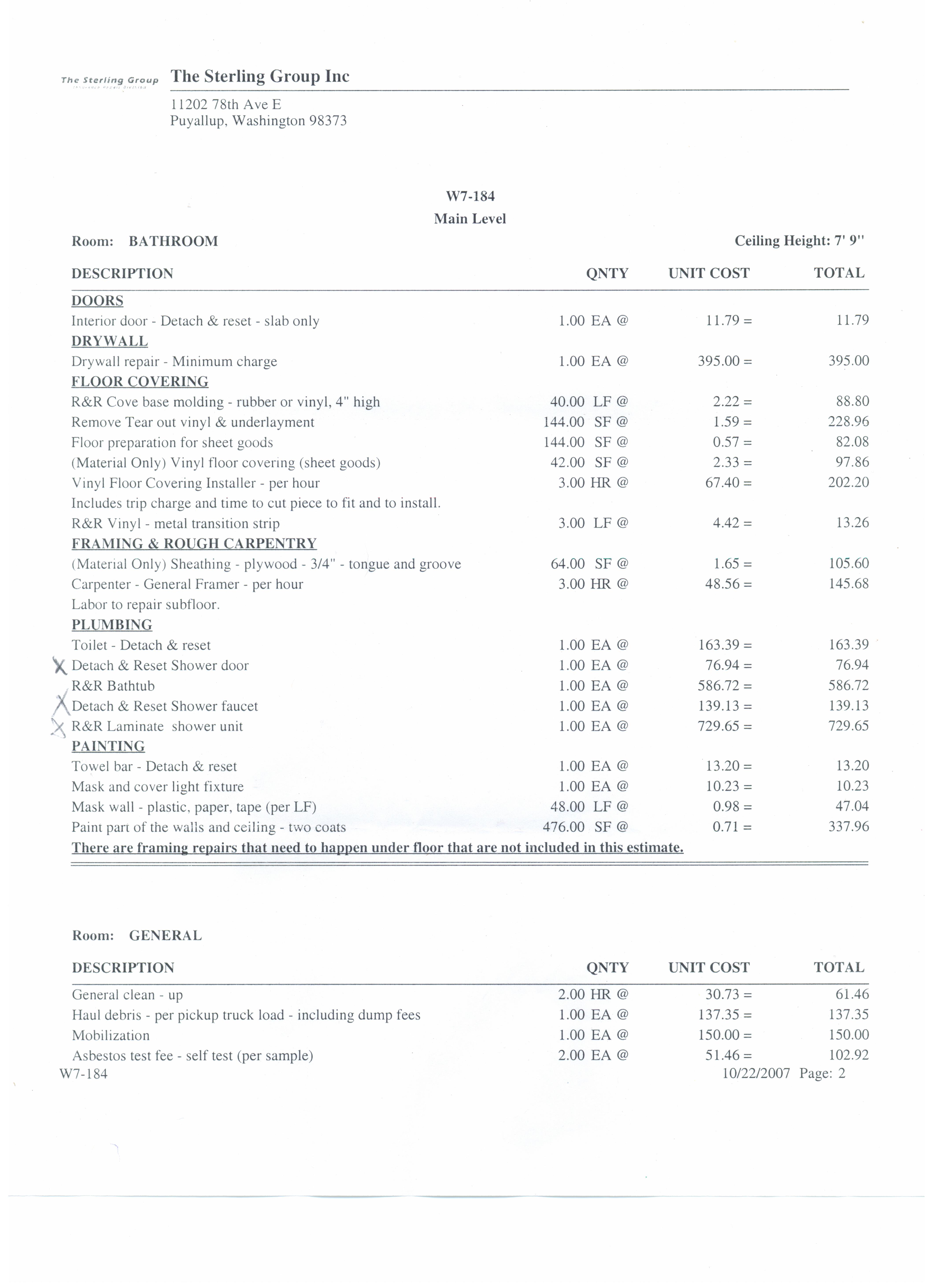 Page 2 of 5 of Steven Hartmann's Estimate for water damages