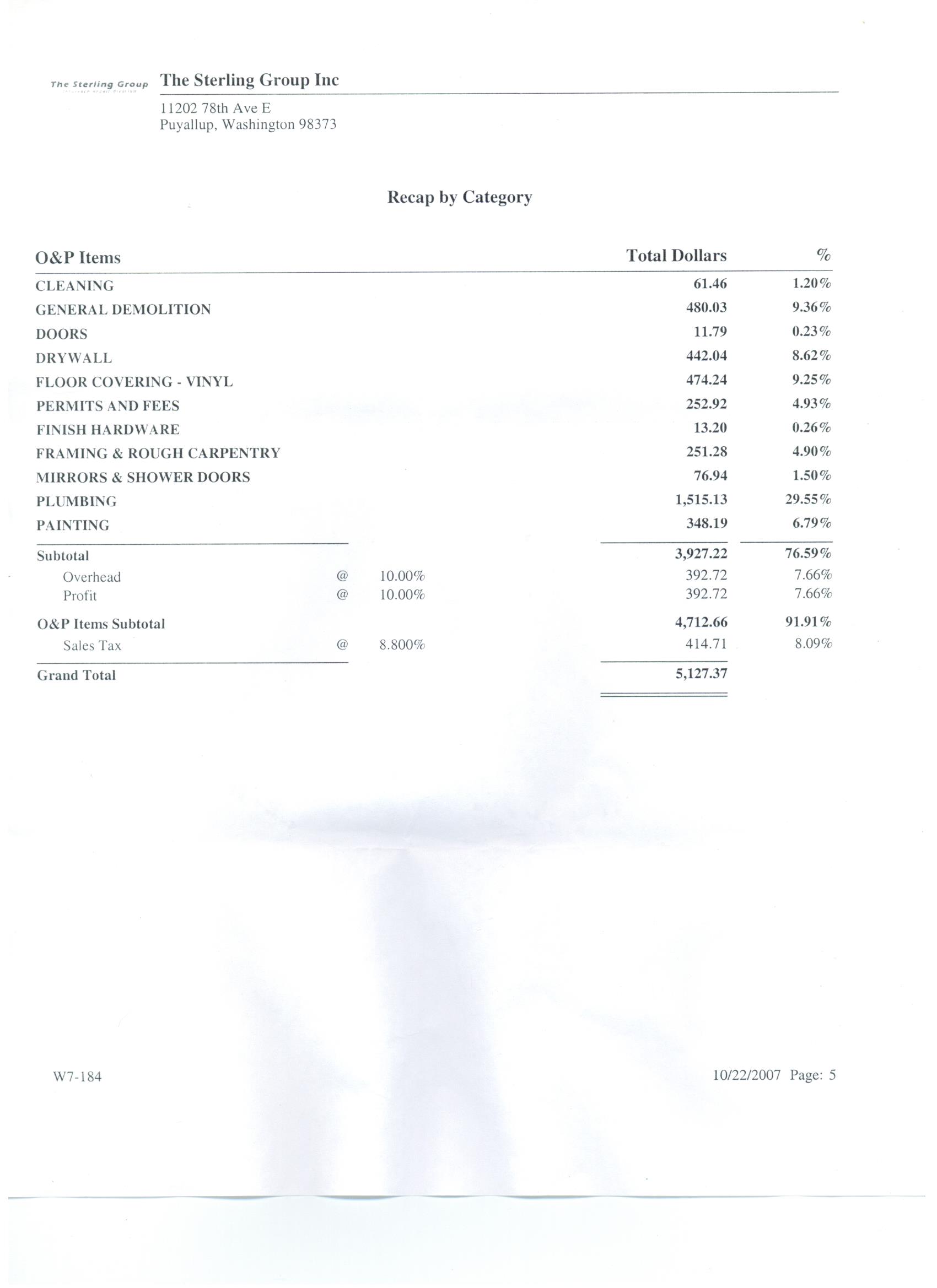 Page 5 of 5 of water Damage Estimate by Steven Hartmann