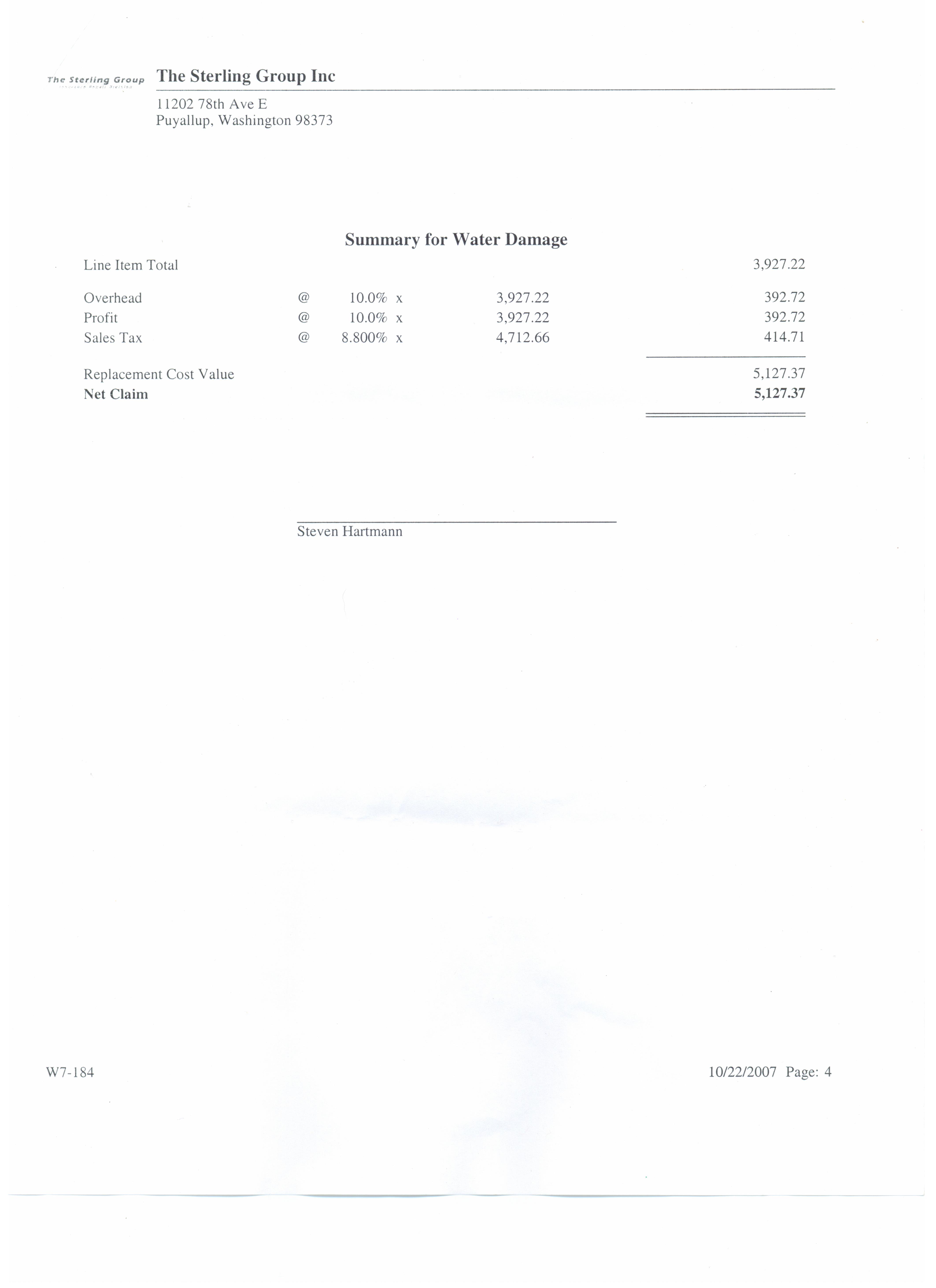 Page 4 of 5 of Steven Hartmann's Estimate for water damages