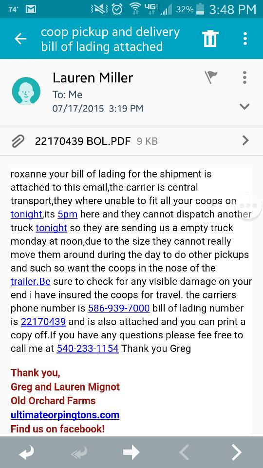 Email stating shipper did not pick up