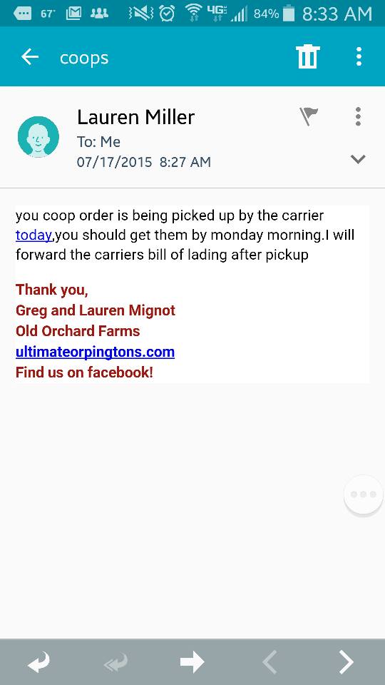 Email stating OOF was shipping coops on the day refund was due
