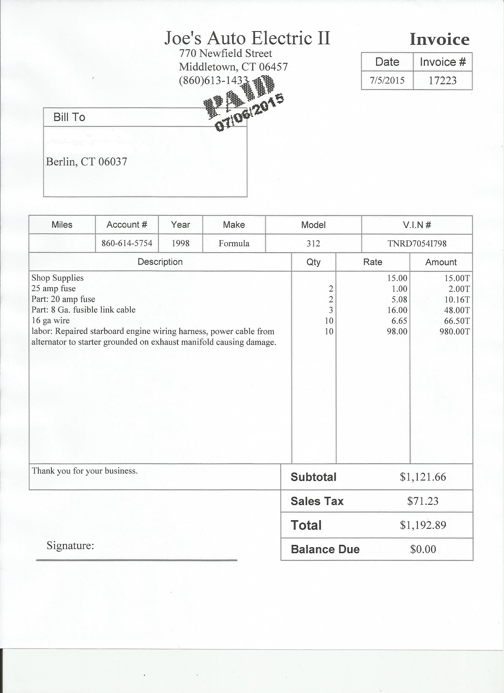 Invoice For the electrical repairs that almost caught fire the first weekend out