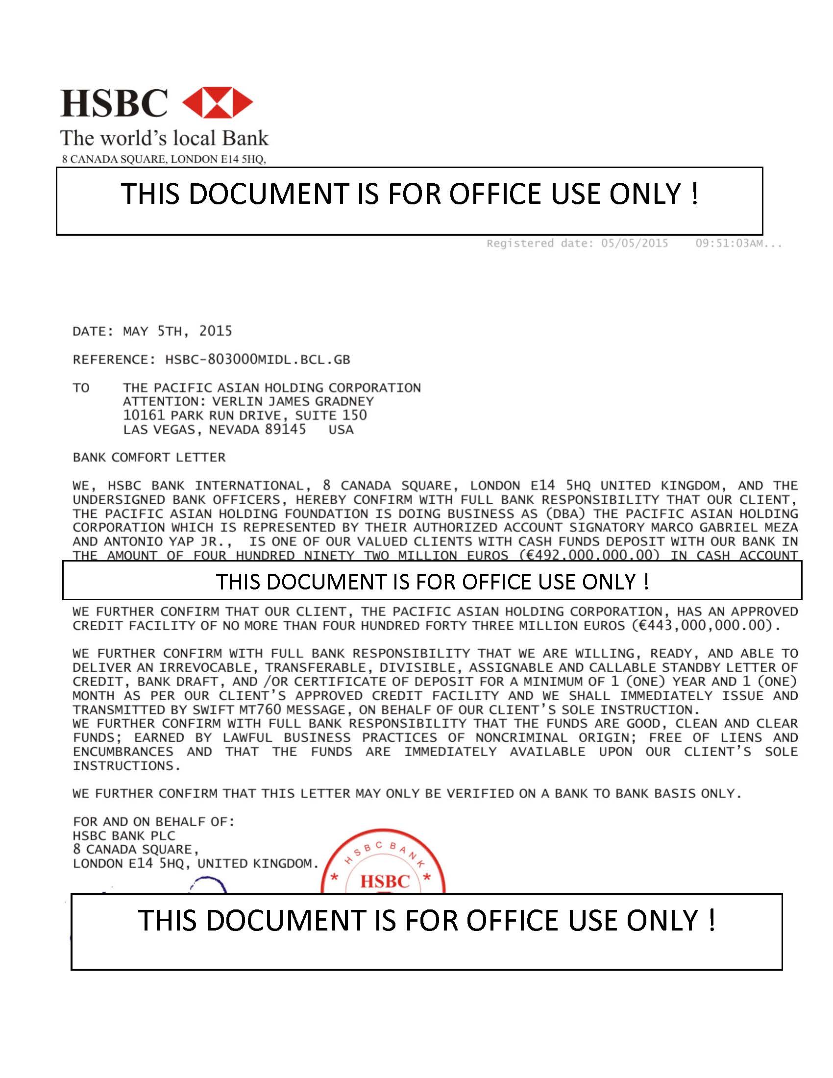 Bank Comfort Letter (Fake/Fraud)
