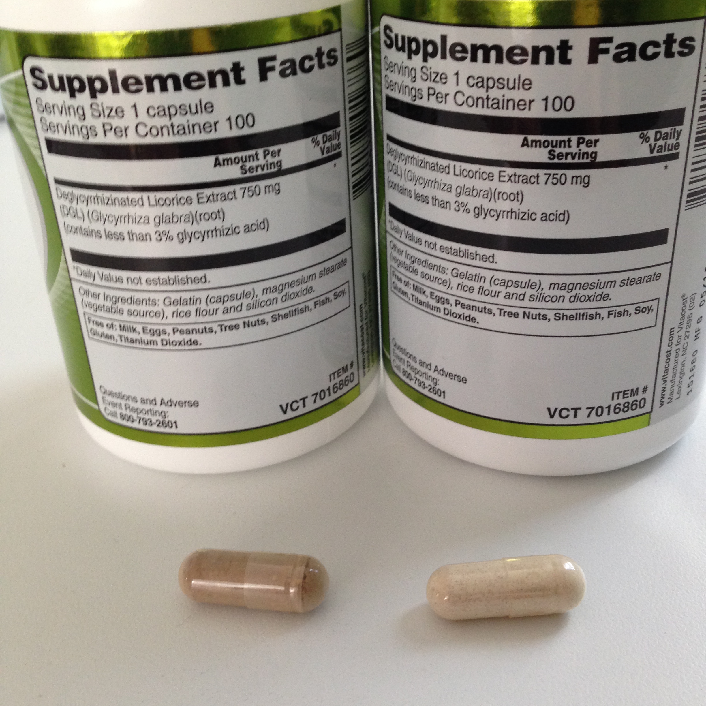 Left: old capsule and bottle
Right: new, diluted capsule, with same milligrams labeled on bottle