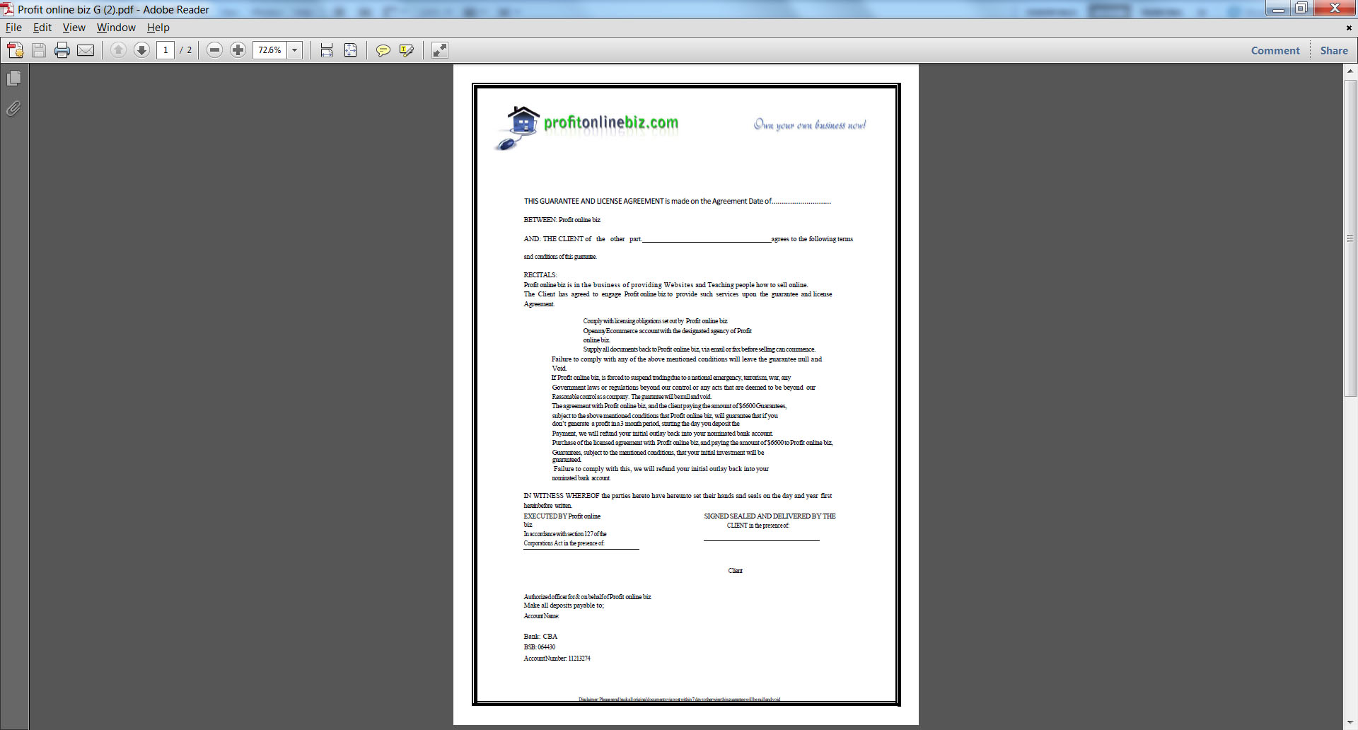 Attached is a copy of the fake contract.  Also his current bank account details with CBA (Commonwealth Bank of Australia)