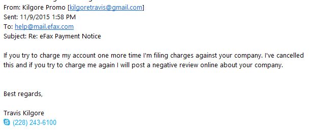 this is the email to efax telling them to stop charging my credit card