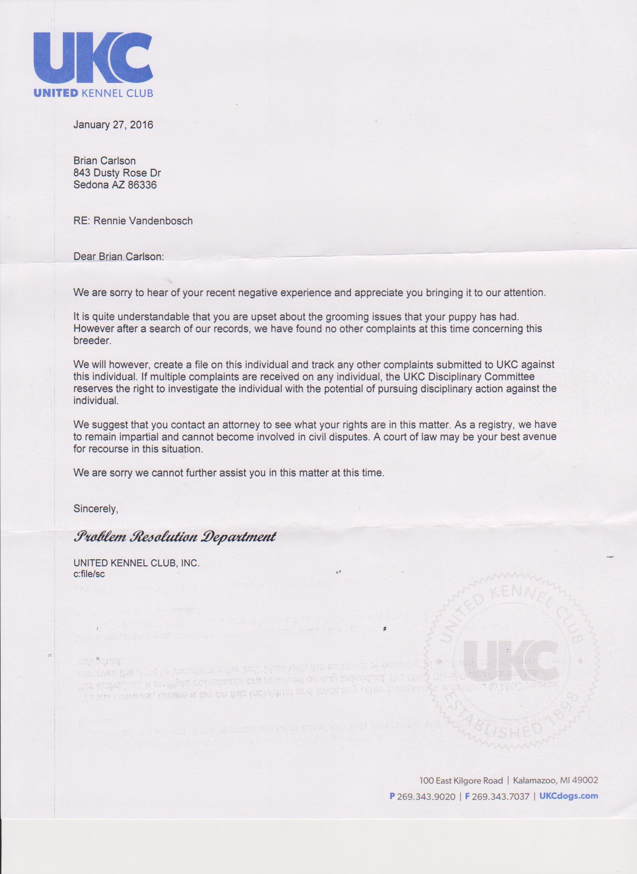 UKC Needs more people for complaint file