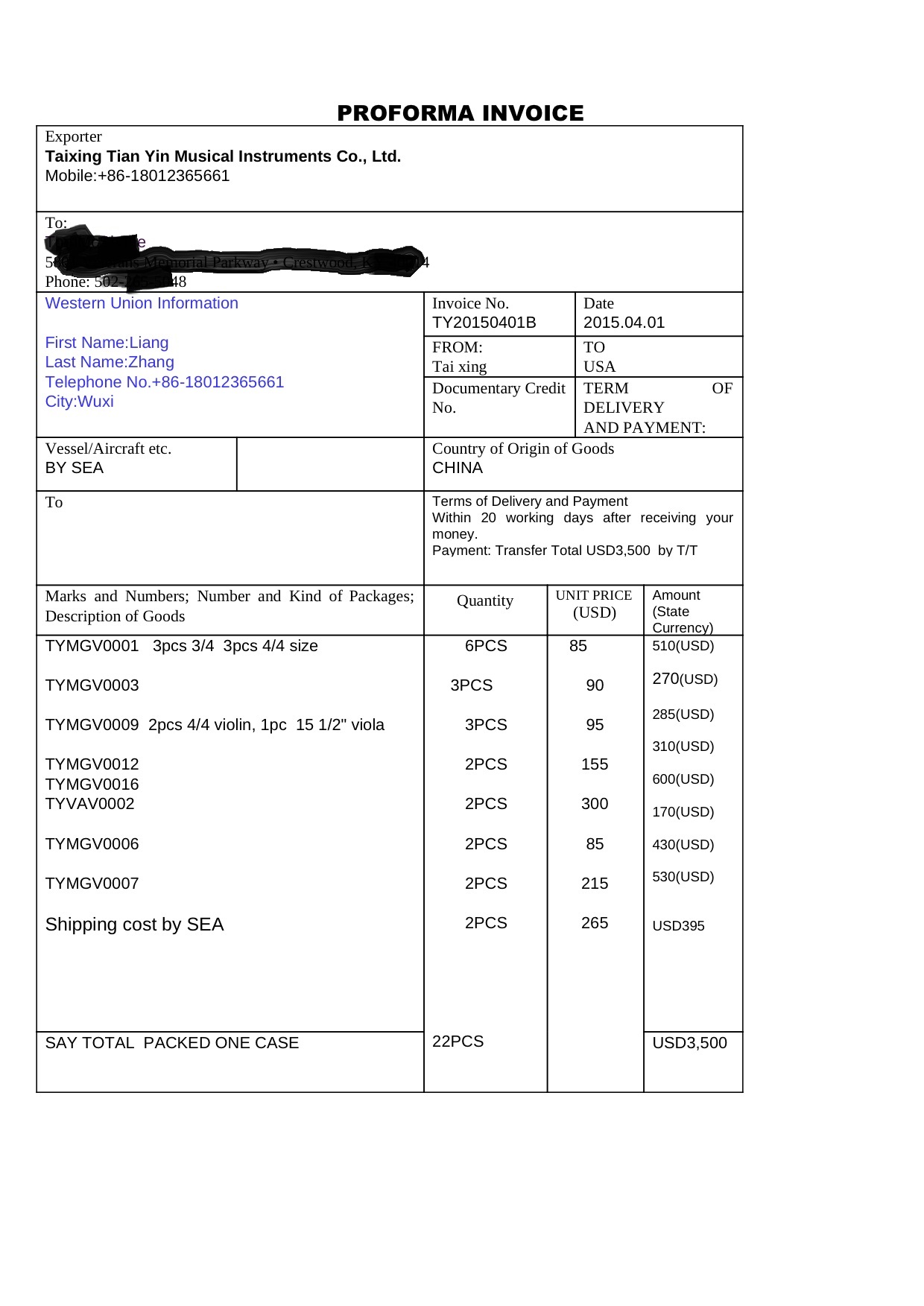 The invoice shows the Seller's information. These goods were never delivered. 