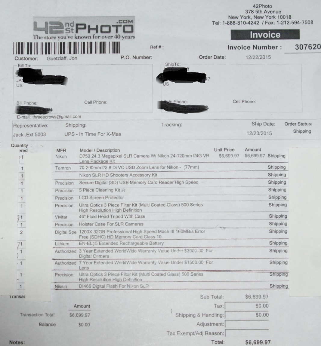 This is the final invoice sent to me. No individual items are priced. 