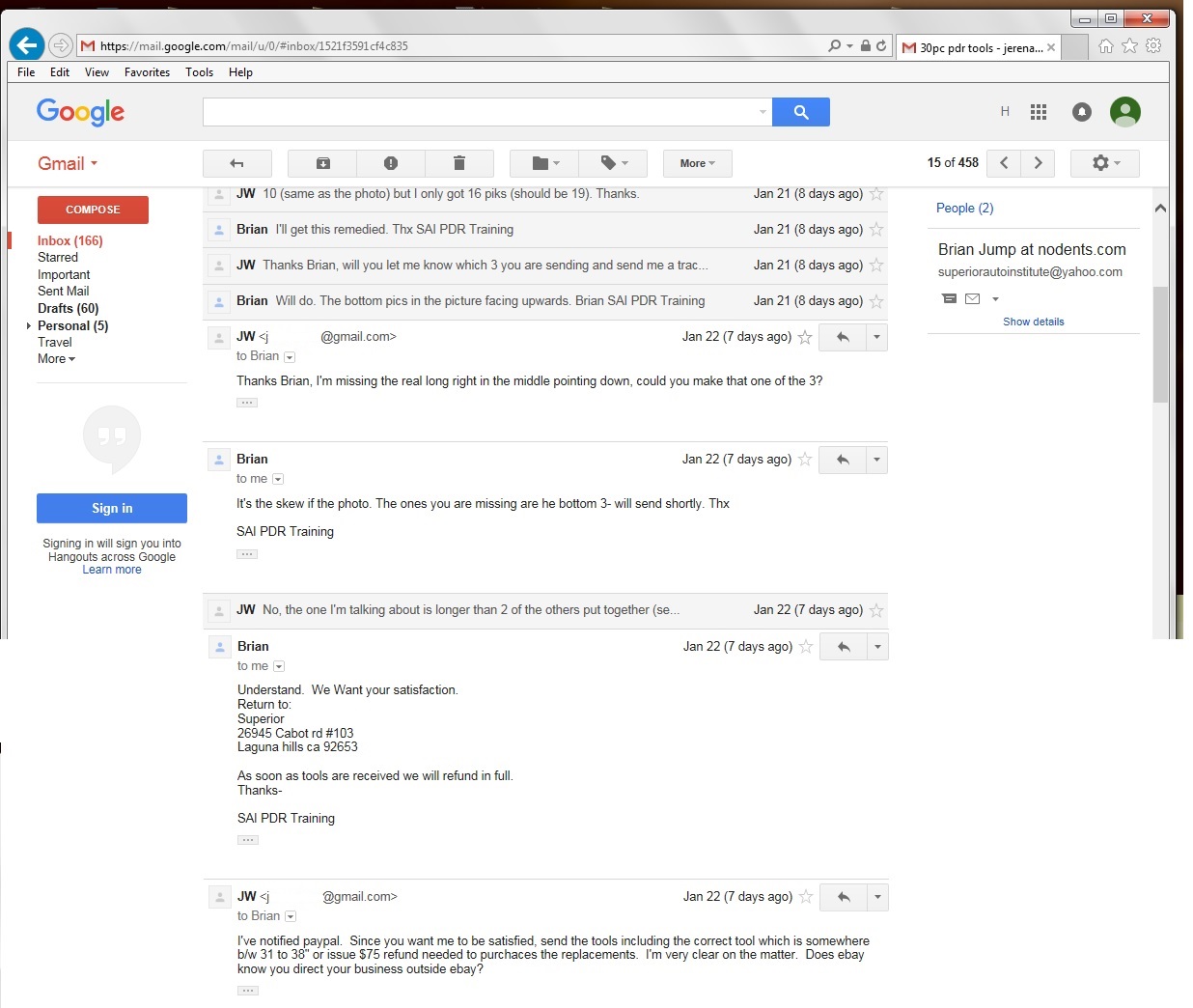 Email conversation - Mr. Jump claims he will send tools until he is caught denying that the largest tool is missing.