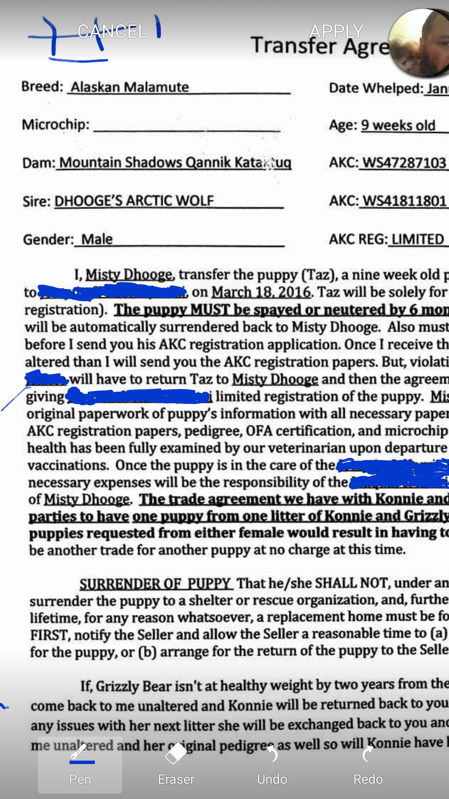 Number 1 actually before being told I would need Konnie, her puppies and the other dog back because this was NOT our original agreement. If you see the other she removed the withholding of papers.