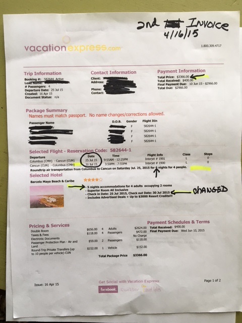 Invoice total amount corrected, but last day of the hotel accommodations was dropped even though the flight dates and other dates in the invoices following were the correct number 6 nights, July 25 - 