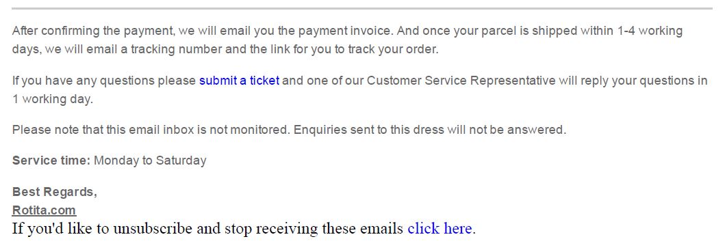 Email confirming item would be shipped within 1-4 days of order