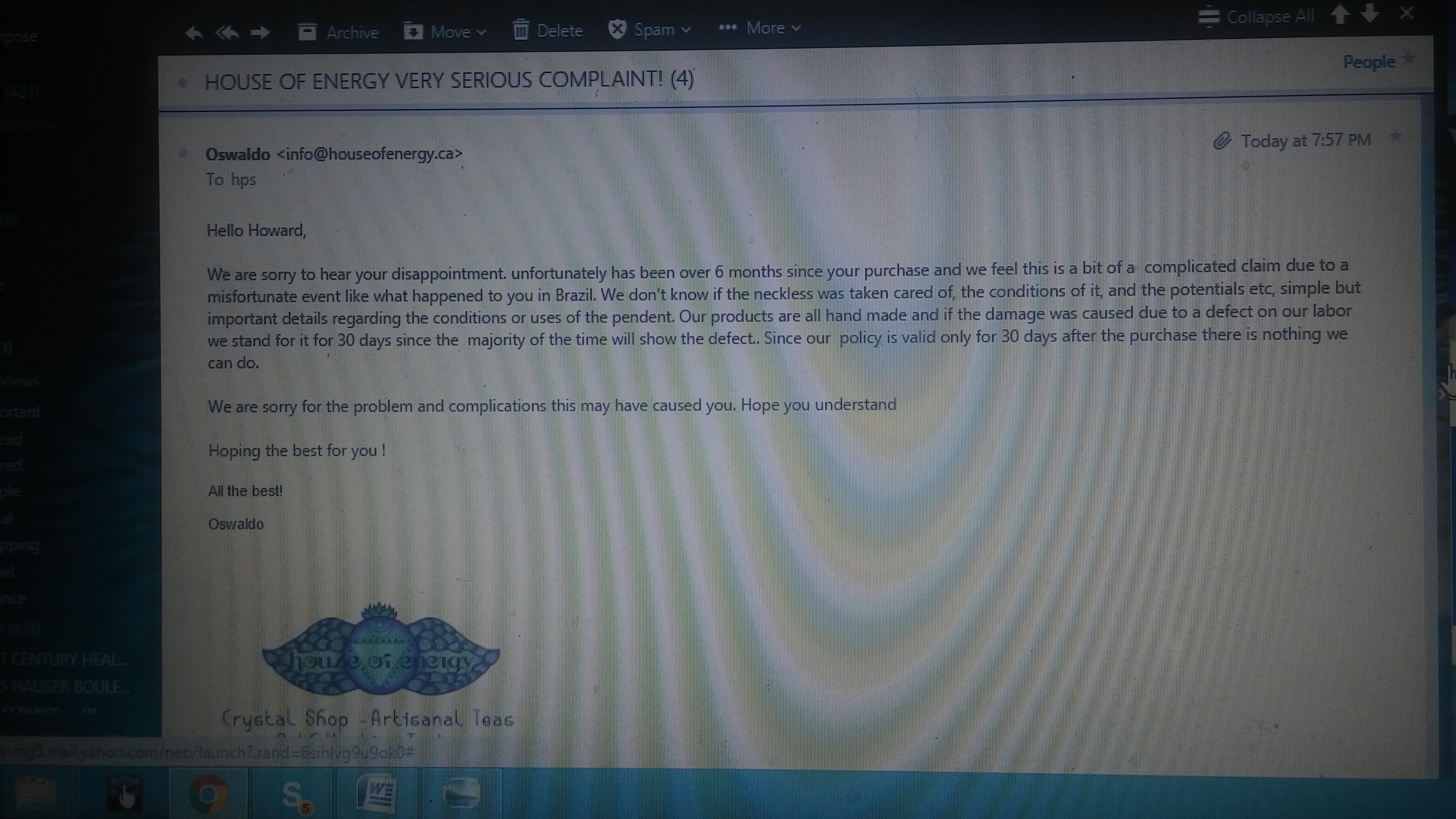 Negative Response Letter Coming From Oswaldo At The House Of Energy Not Offering Me Any Fair Resolution Back On Tuesday, May 10th, 2016.