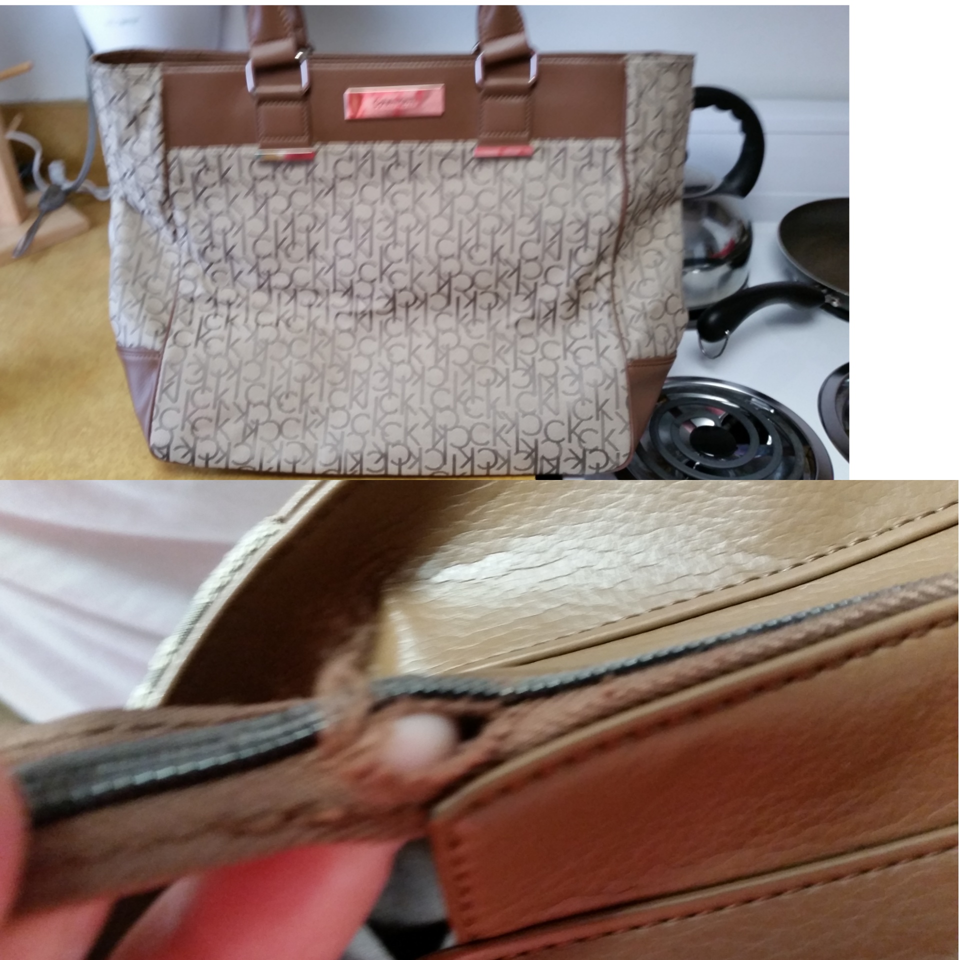 in the photo above you will see the handbag and the hole in the zipper area. 