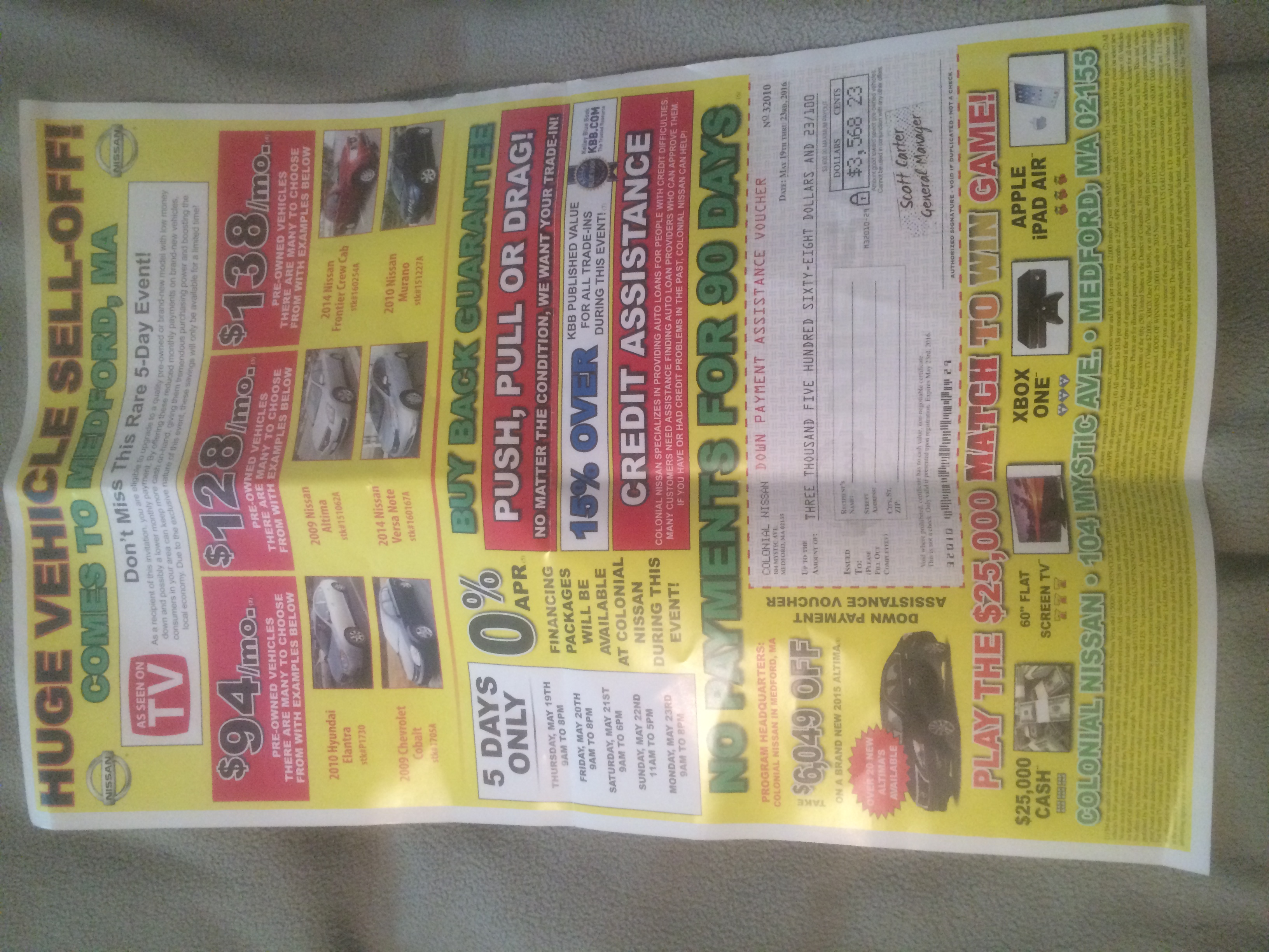 One side of the flyer received with 4 prizes listed.