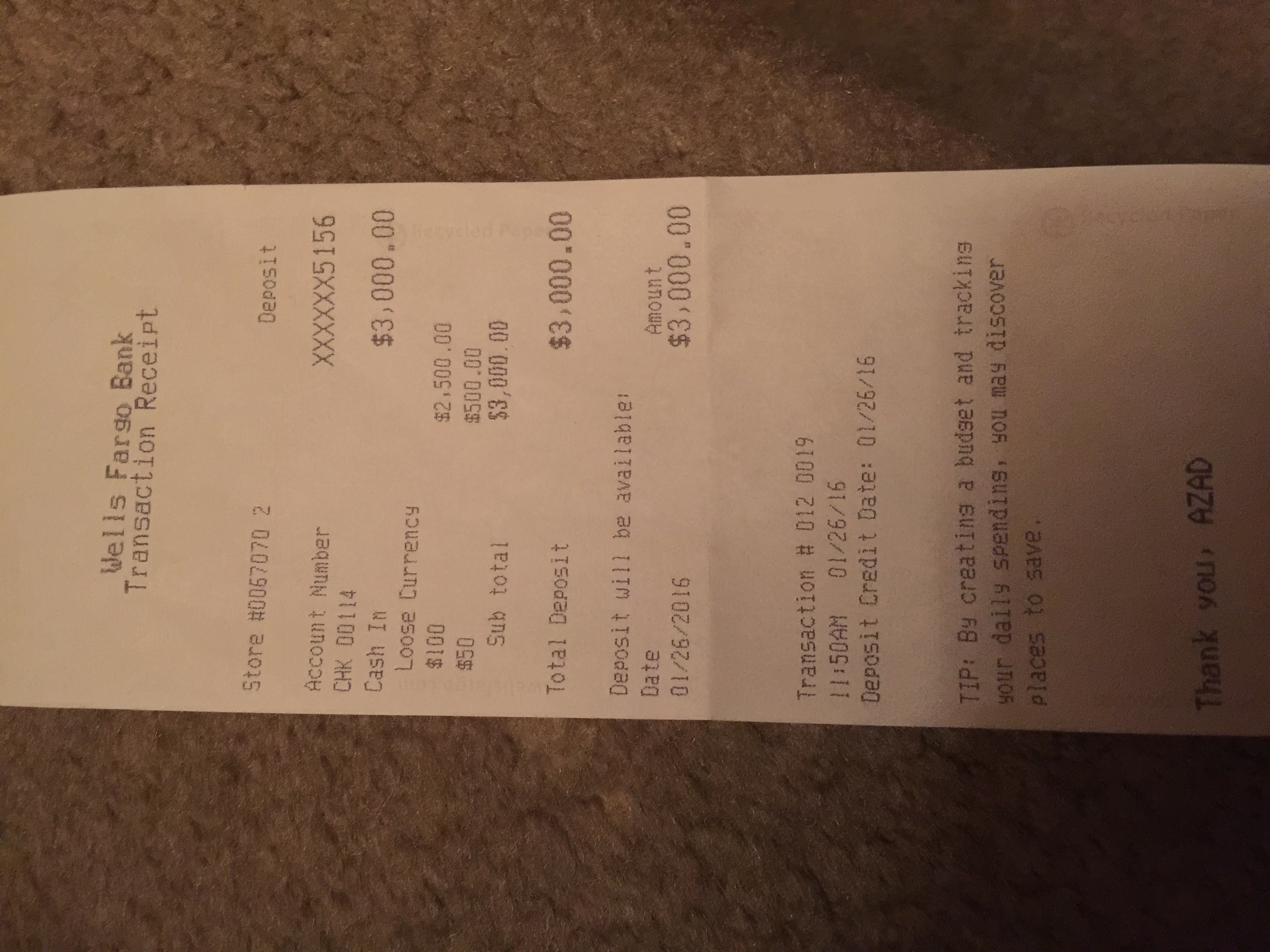 CPN receipt payment of $3000 to Erik Brent Wells Fargo account