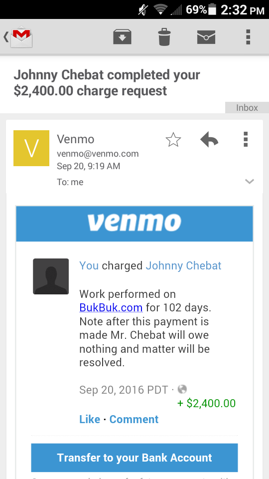 Screenshot of email proving Mr. Chebat paid and can be trusted.