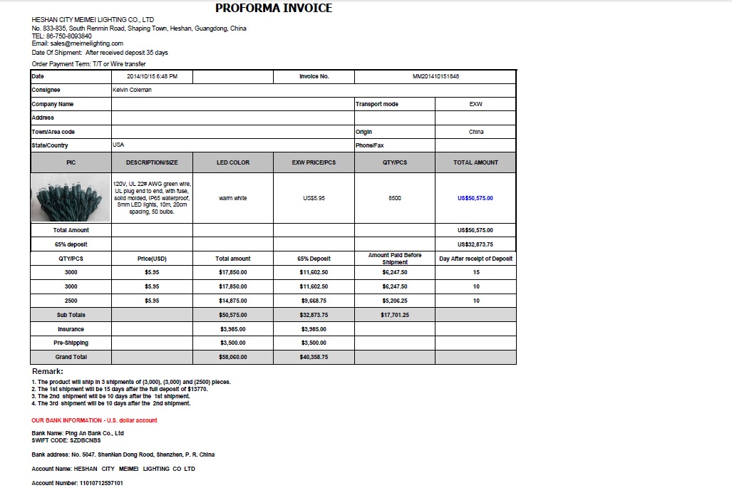 Chinese lights invoice