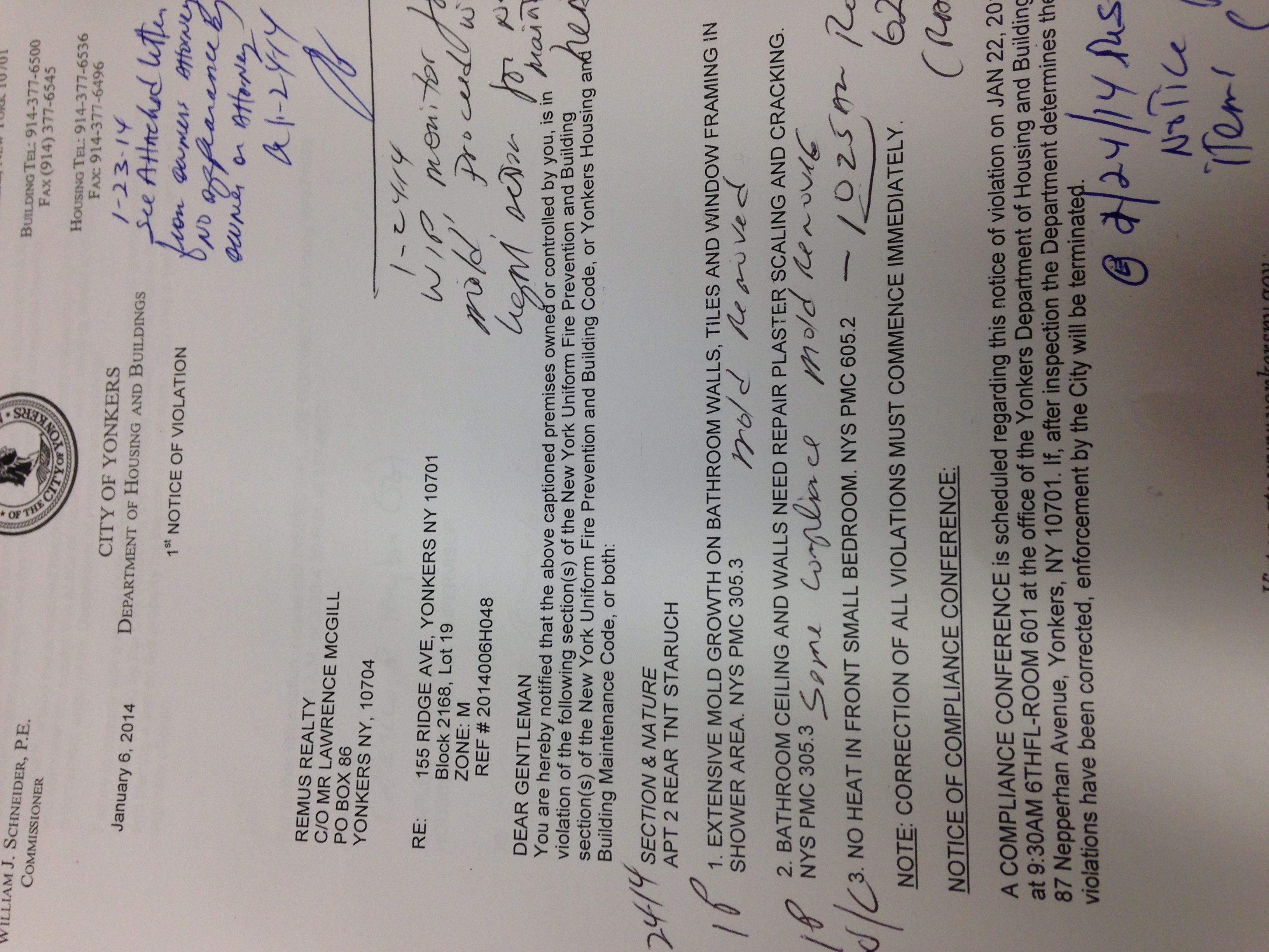 A copy of a Yonkers building department complaint obtained through a FOIL request. 