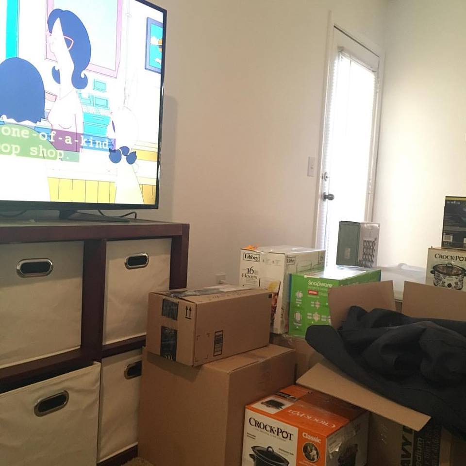 The now broken TV and boxes the day before the move. 