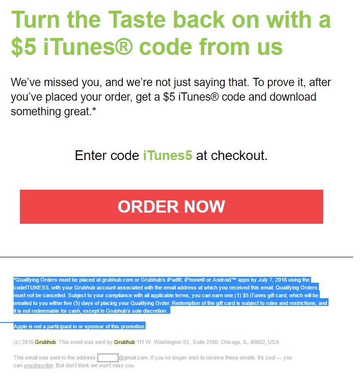 The subject line: "Come back and get a $5 iTunes® code."