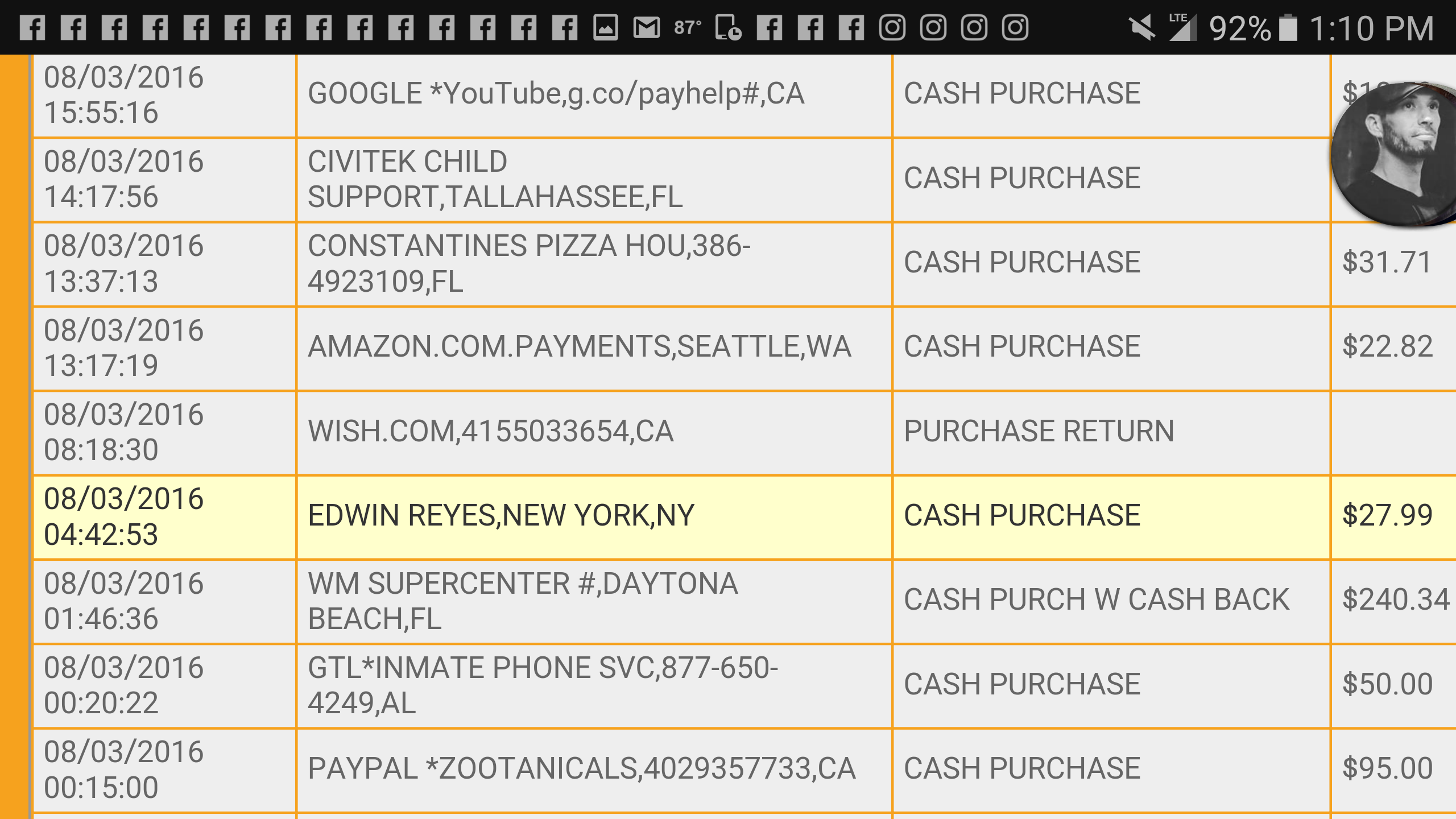 Highlighted the charge to my card under Edwin Reyes