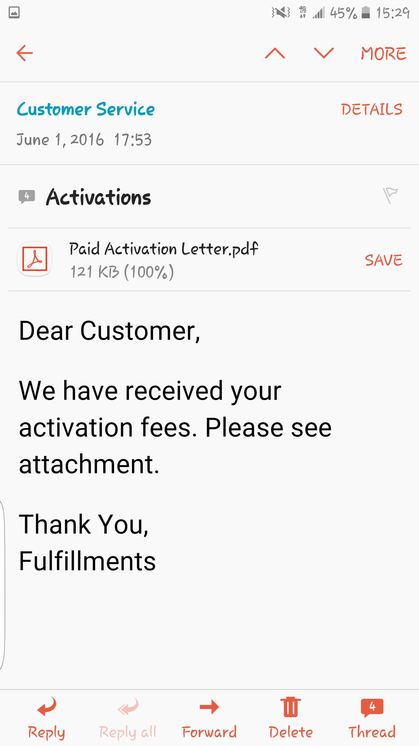 Receipt of paid activation ($69 money orders)