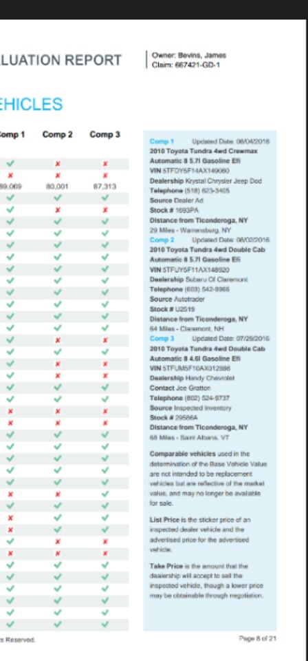 Options list and the comparison vehicle's 