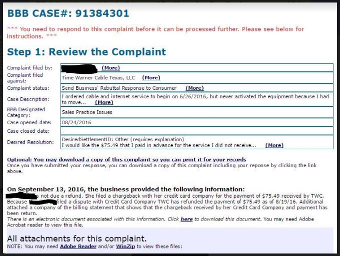 Time Warner Cable Better Business Bureau Complaint