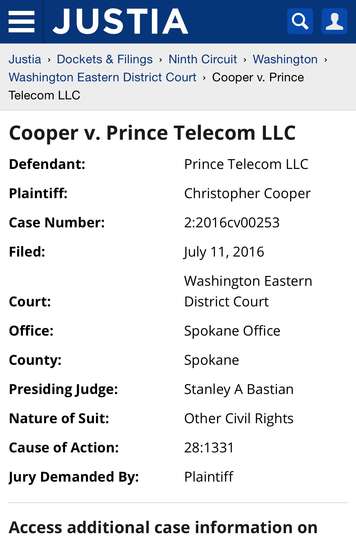 Cooper V Prince Telecom civil Rights lawsuit http://crottyandson.com/wp-content/uploads/2016/07/ECF-001-Complaint.pdf