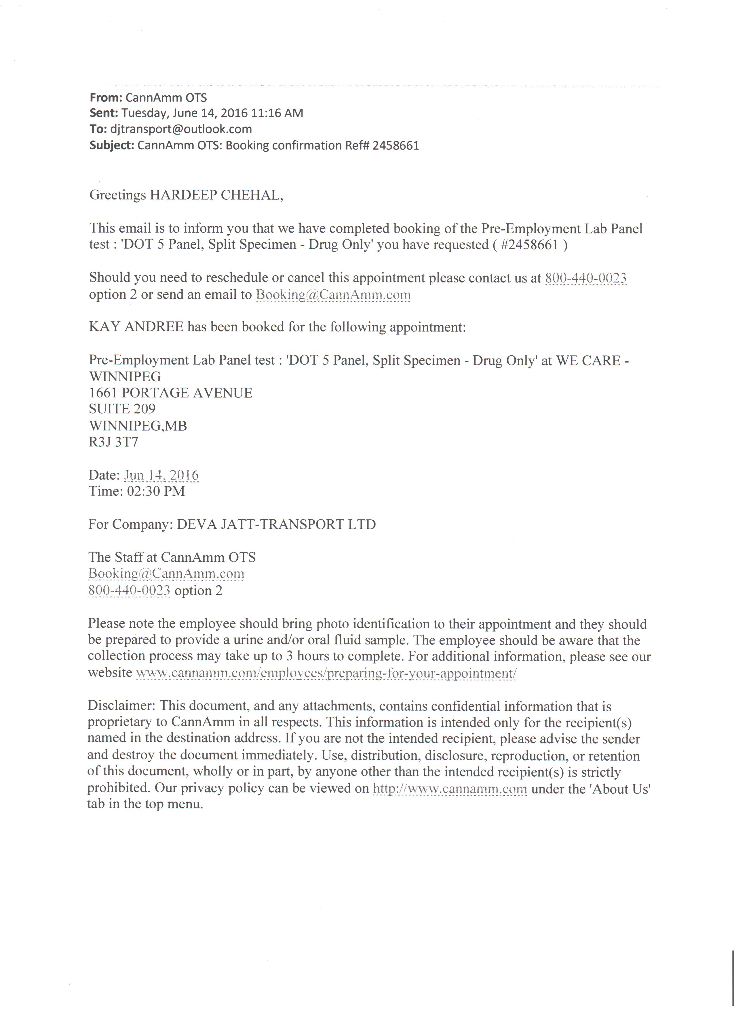 Letter from Office for making the Blood and Alcohol test for  DEVAJatt Transport Ltd.